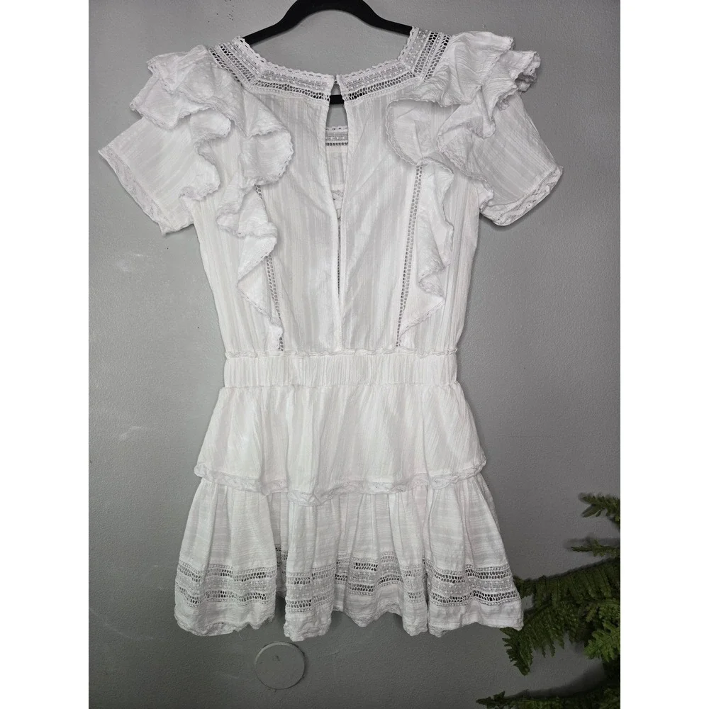 Olivaceous White Lace Ruffle Mini Dress Medium Cottagecore Boho Babydoll - Picture 7 of 10